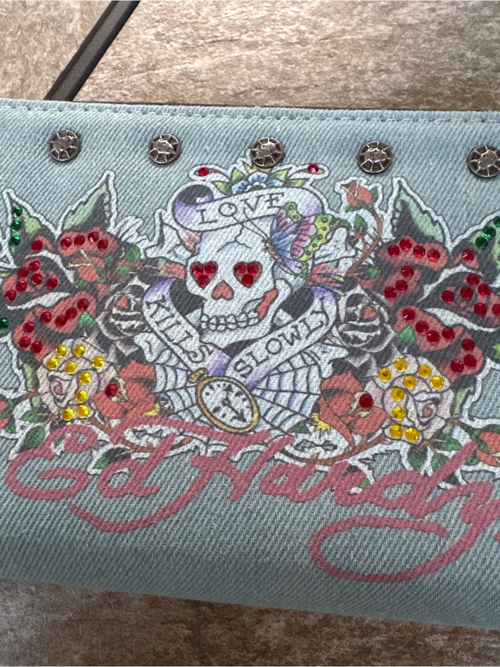 Ed Hardy Light Blue Denim Skull & Roses Wristlet Wallet - Picture 2 of 13